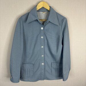 Vintage 70s Galliano Blue Disco Shirt Jacket Wide Collar Button Front Women’s M